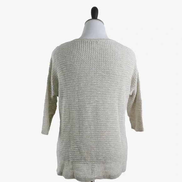 J Jill Size L Linen Blend Open Knit Sweater 3/4 Sleeve Pullover Cream - Picture 4 of 9